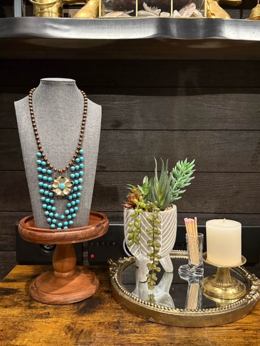 Turquoise Beaded Statement Necklace with Floral Medal